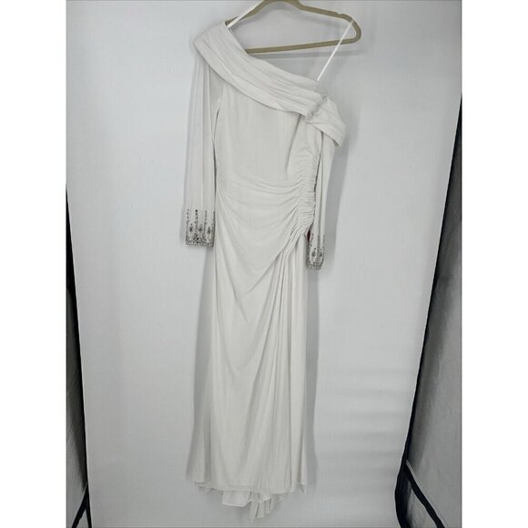 Mac Duggal Womens Sz 8 White Beaded Cuff Drop Shoulder Faux Wrap Gown Dress New - Picture 4 of 13